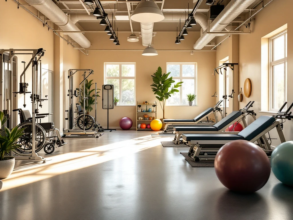 Moderne inclusieve fitnessruimte met aangepaste trainingsapparatuur voor mensen met een beperking, brede paden en ergonomisch ontwerp