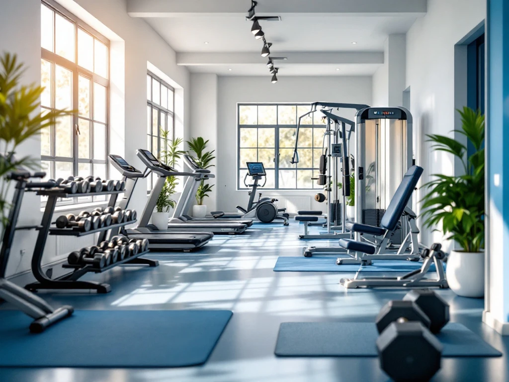 Compacte professionele sportschool met moderne fitnessapparatuur, halters en trainingsmatten in natuurlijk licht