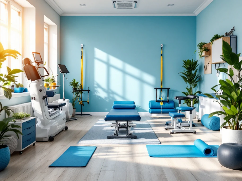 Kleine fysiotherapie kliniek met moderne revalidatieapparatuur, oefenmatten en weerstandsbanden in heldere ruimte