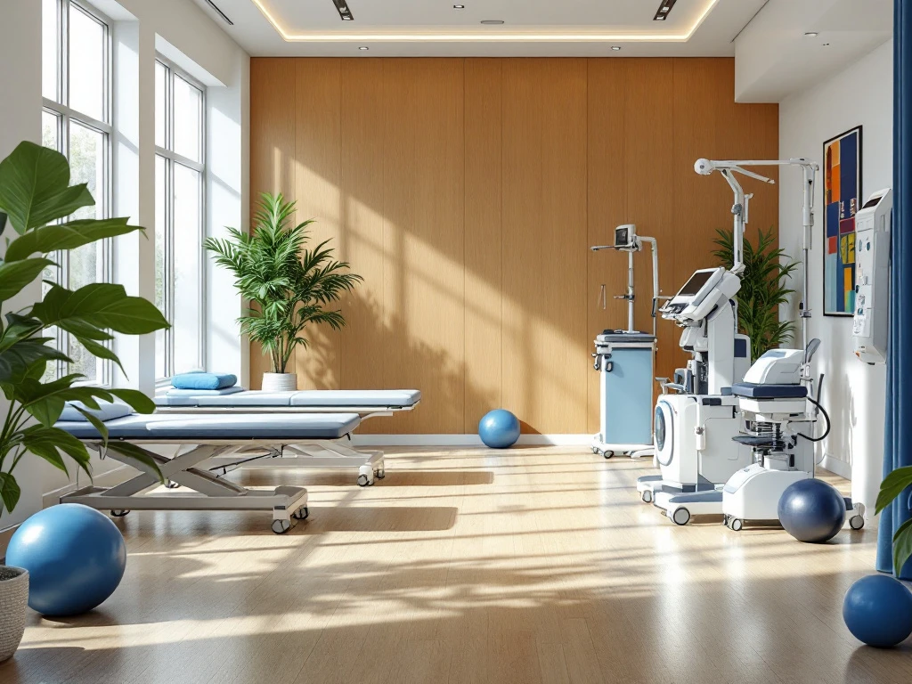 Moderne fysiotherapie en fitness ruimte met behandeltafels, revalidatie-apparatuur en trainingstoestellen in helder licht