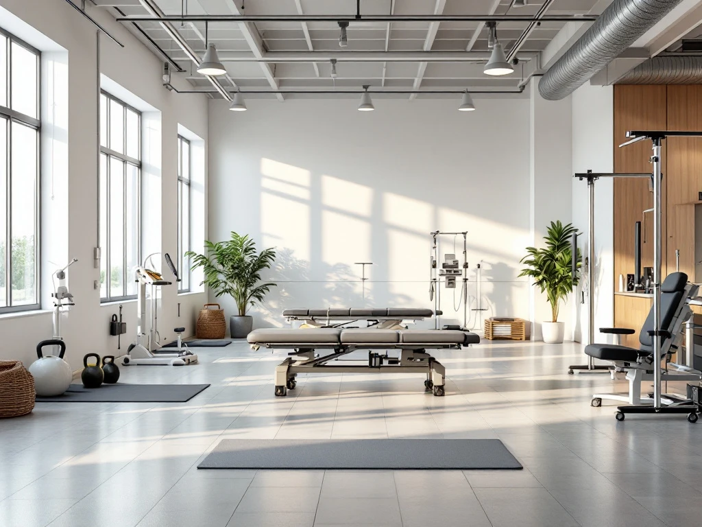 Moderne fysiotherapie en fitness studio met professionele revalidatieapparatuur, trainingstoestellen en natuurlijk licht