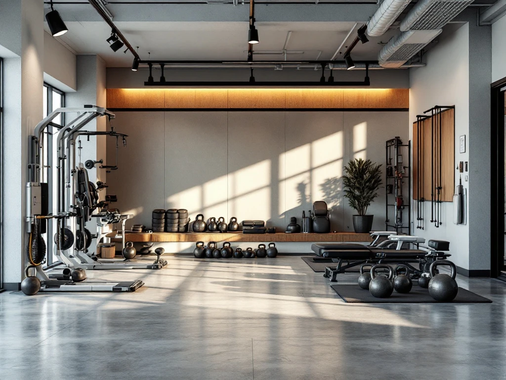 Moderne fitnessruimte met kettlebells, weerstandsbanden en medische trainingsapparatuur op gepolijste betonvloer