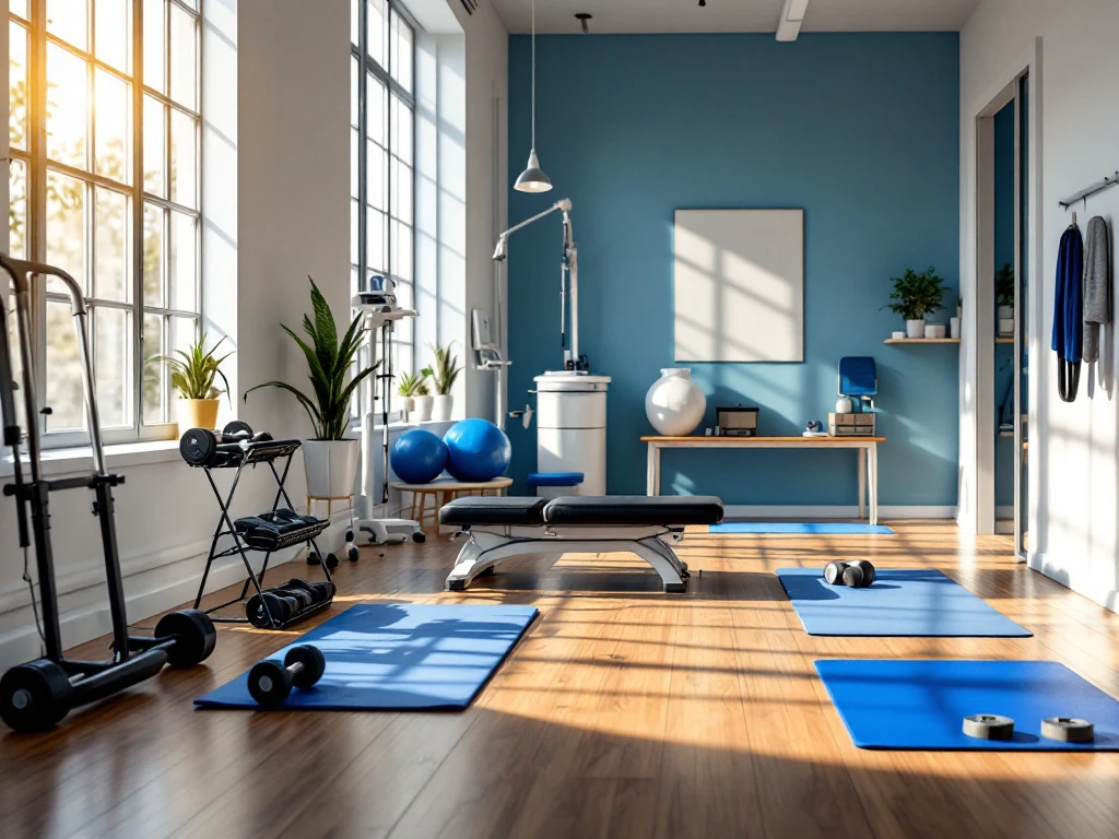 Kleine fysiotherapie gym met halters, weerstandsbanden en matten op houten vloer, natuurlijk licht door ramen