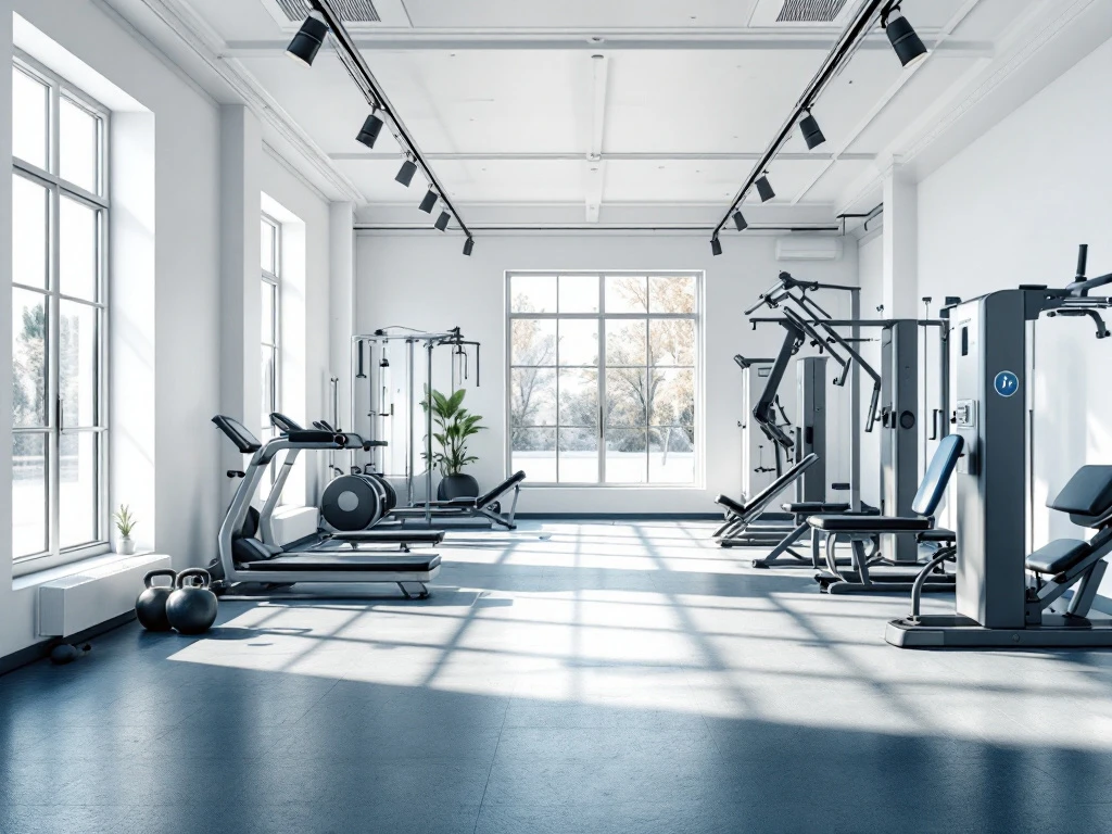 Moderne fysiotherapie-fitnessruimte met professionele trainingsapparatuur, natuurlijk licht en georganiseerde zones