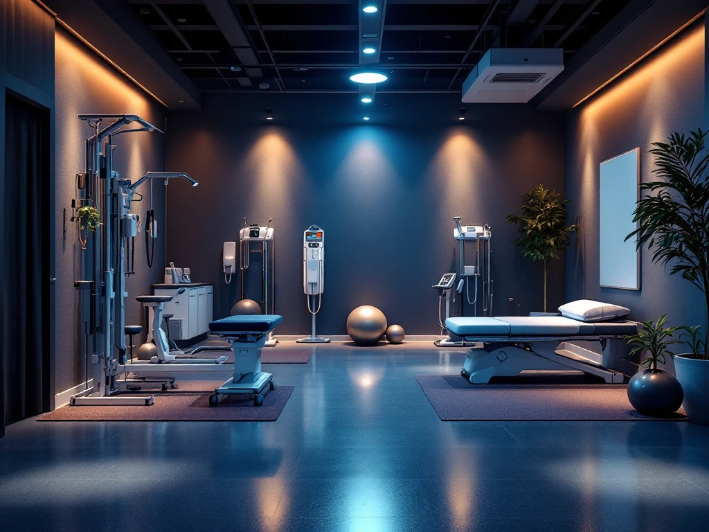 Moderne fysiotherapie en fitness studio met professionele revalidatie-apparatuur, oefenballen en behandeltafels