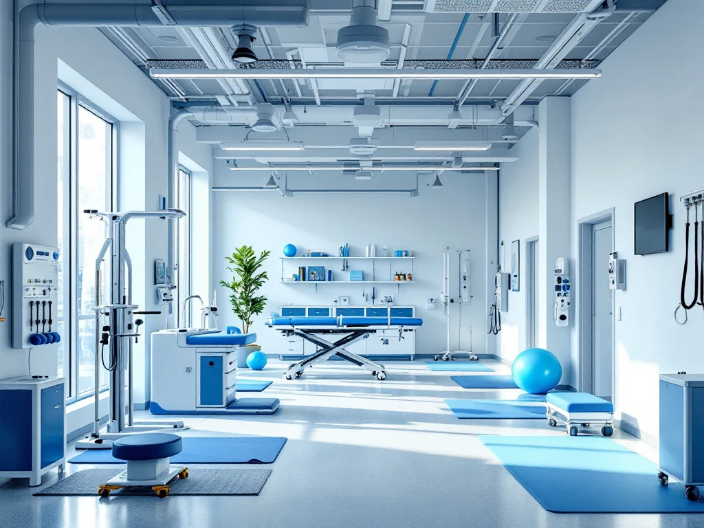 Moderne fysiotherapie sportschool met medische apparatuur, trainingstoestellen en natuurlijk licht door grote ramen