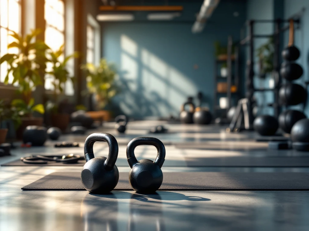 Moderne fysiotherapie sportschool met kettlebells, weerstandsbanden en functionele trainingsapparatuur op betonvloer