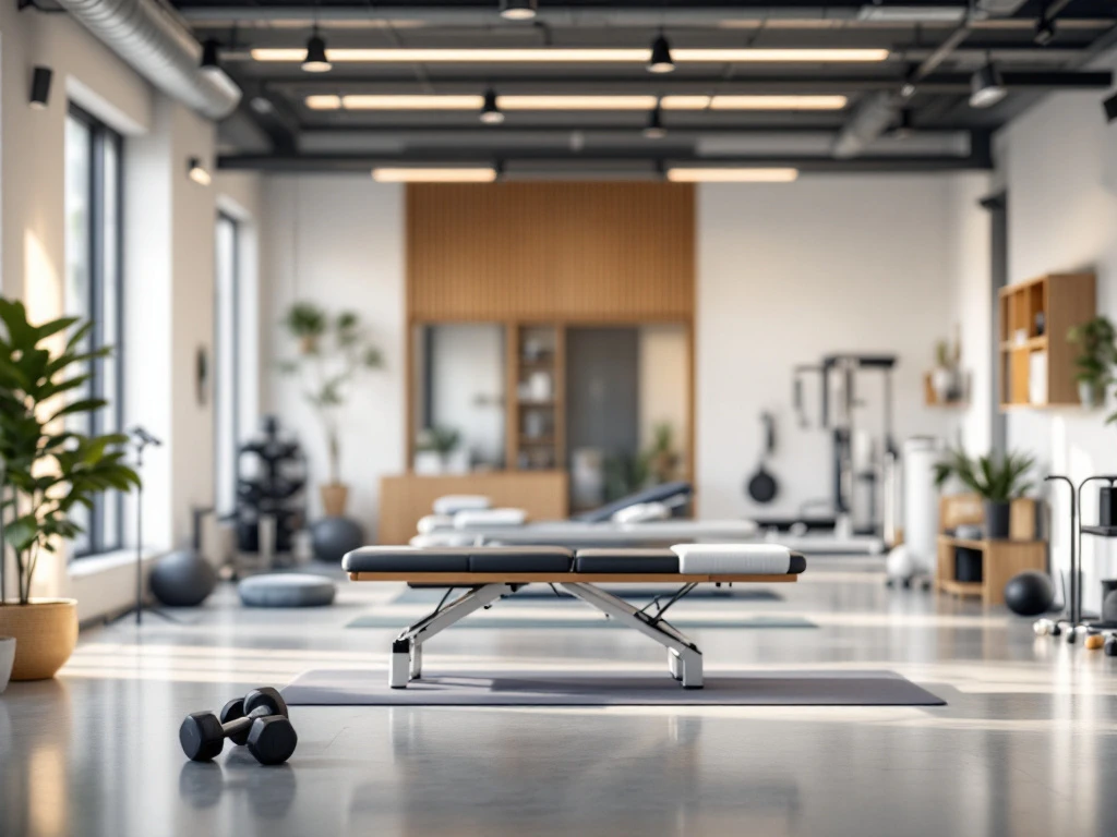 Moderne fysiotherapie en fitness ruimte met halters, weerstandsbanden en behandeltafels in wit interieur met houten accenten