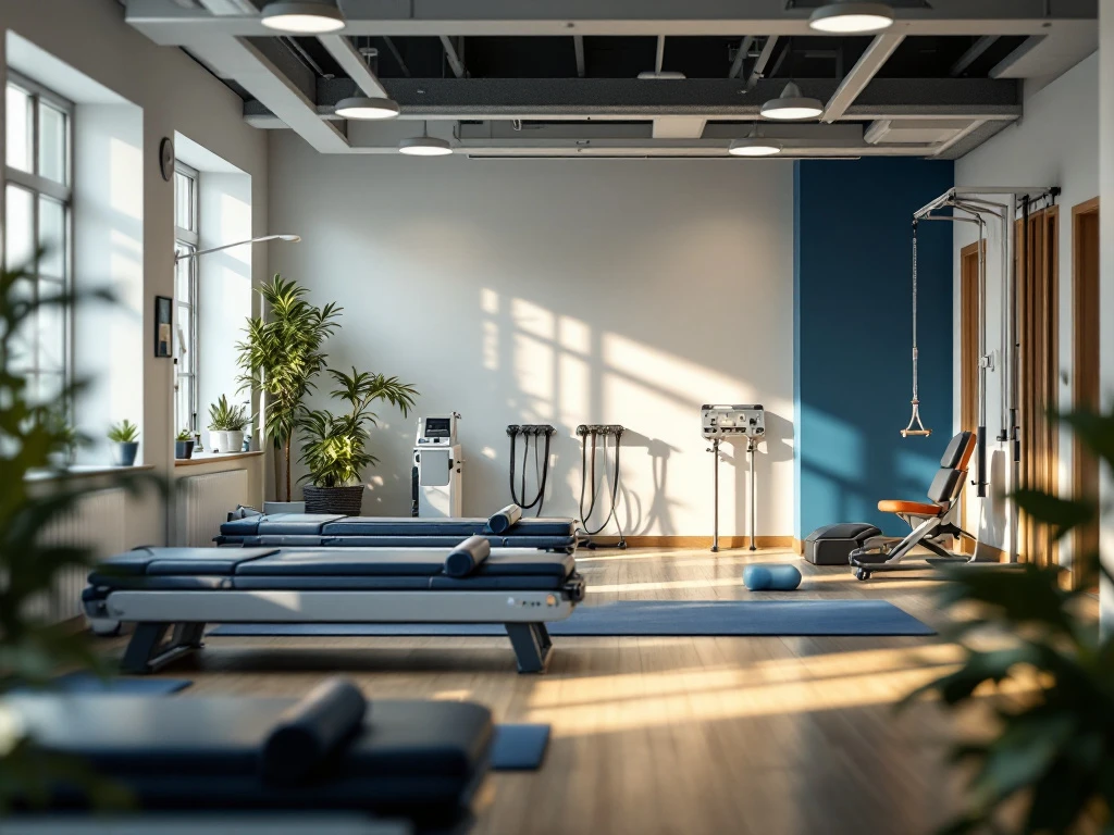 Moderne fysiotherapie sportschool met revalidatieapparatuur, weerstandsbanden en trainingsmatten in heldere ruimte
