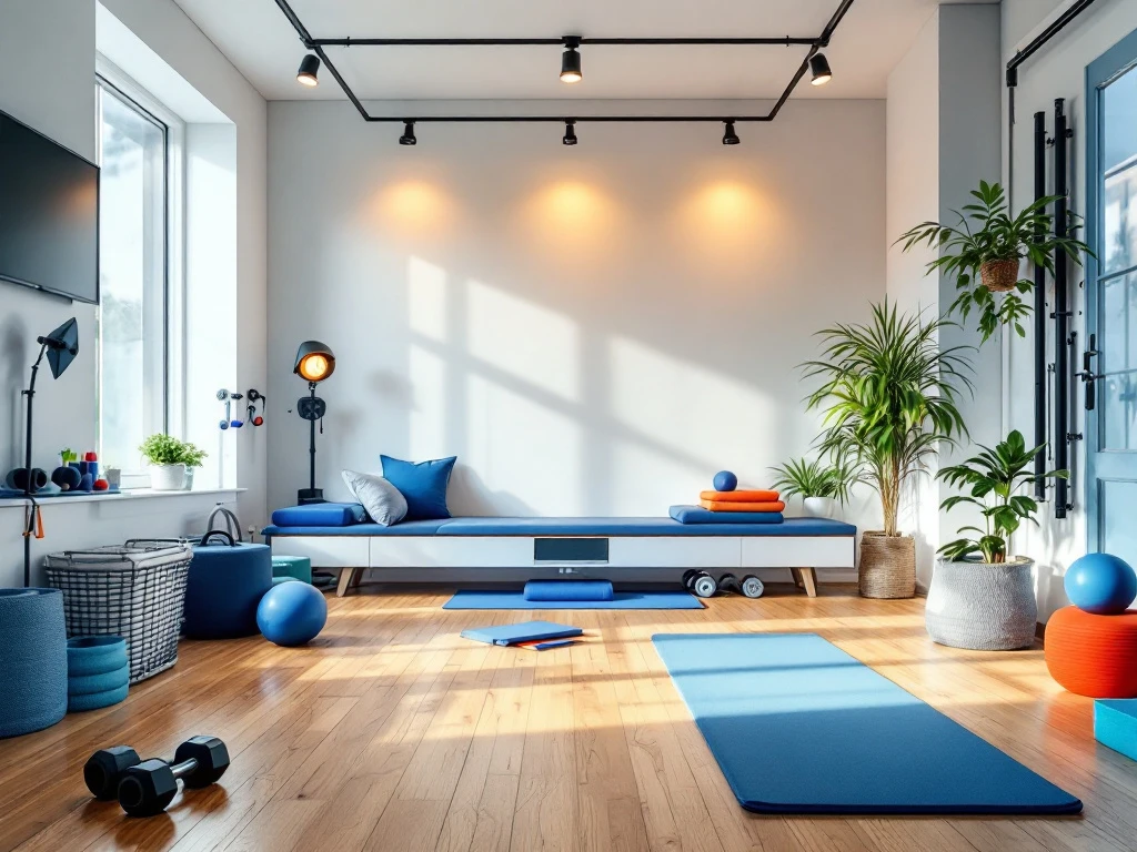 Moderne kleine fysiotherapie gym met dumbbells, weerstandsbanden en yogamatten op houten vloer in natuurlijk licht