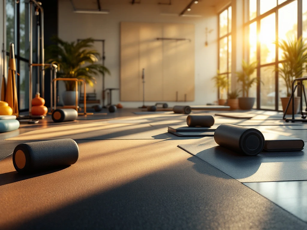 Moderne fysiotherapie sportschool met revalidatieapparatuur, weerstandsbanden en trainingstoestellen in natuurlijk licht