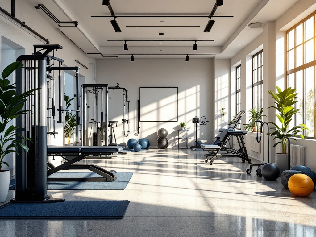 Moderne revalidatiegymnastiek met trainingsapparatuur, fysiotherapie tools en natuurlijk licht door grote ramen