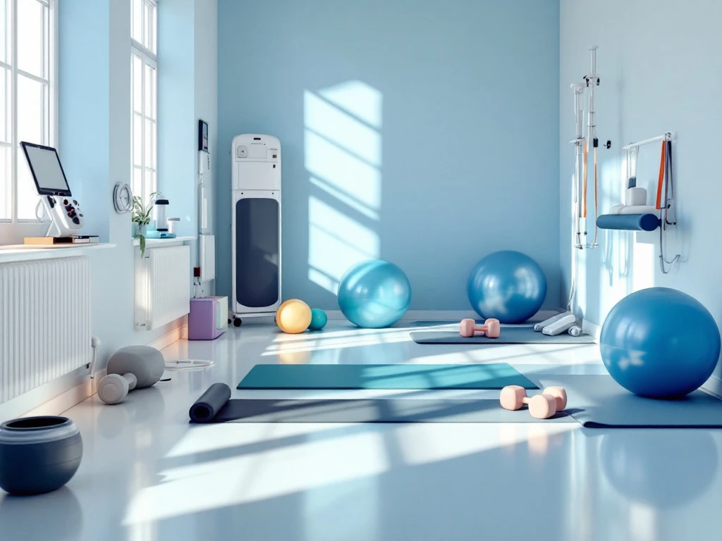 Kleine fysiotherapie gym met moderne revalidatieapparatuur, halters en oefenmatten in schoon, goed verlicht interieur