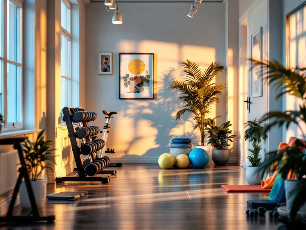 Kleine moderne sportschool met halters, hometrainer en weerstandsbanden in lichte ruimte met grote ramen