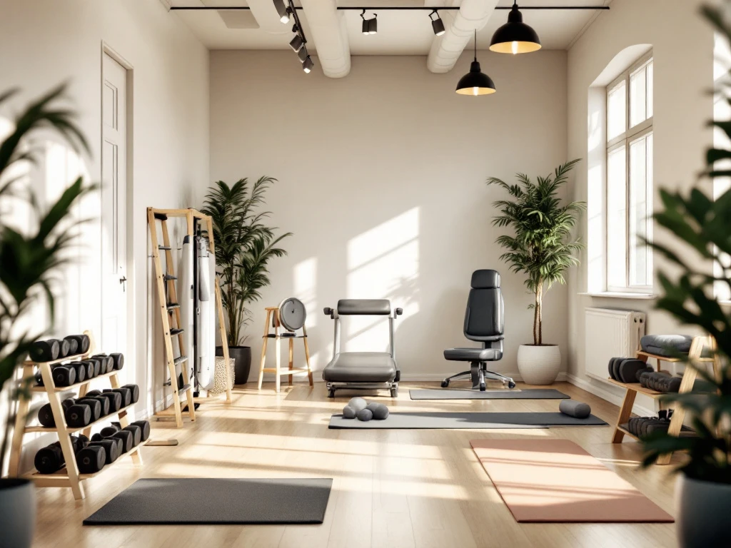 Kleine moderne sportschool met natuurlijk licht, halters op houten rek, fitnessapparatuur en yogamatten op glanzende vloer.