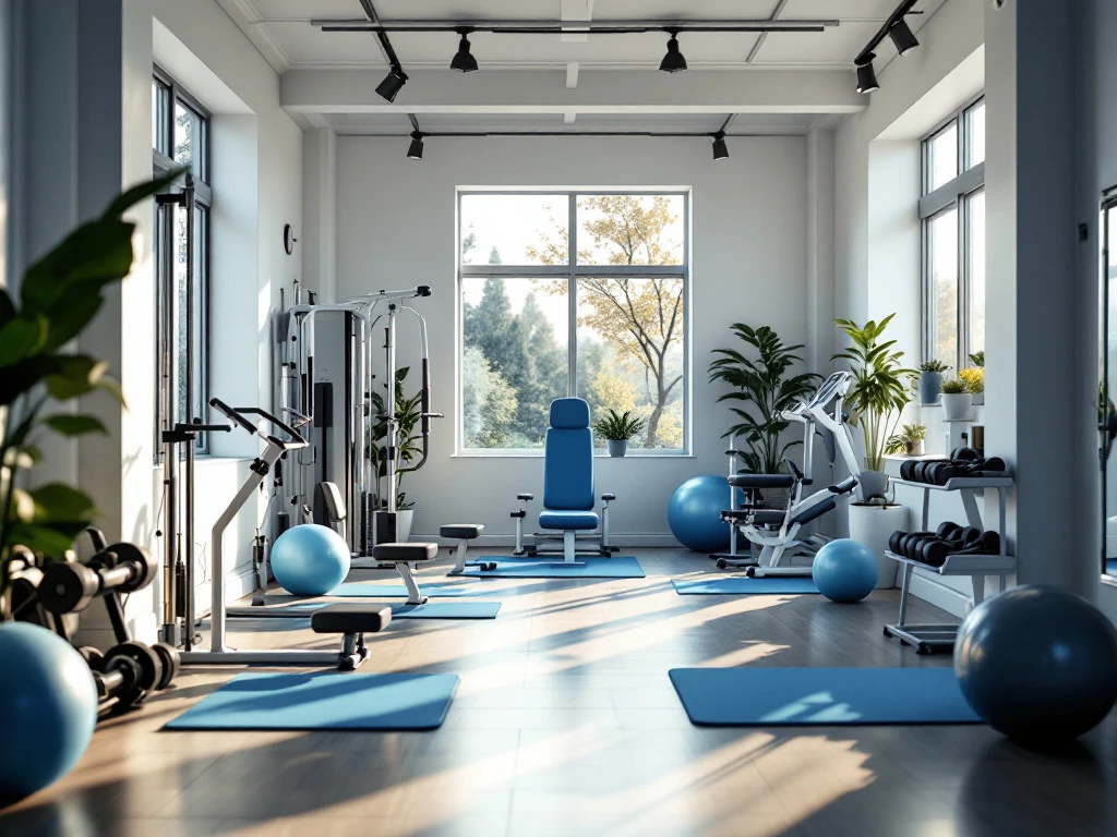 Kleine moderne fitnessruimte met trainingsapparatuur, gewichten en fysiotherapie-uitrusting in natuurlijk licht