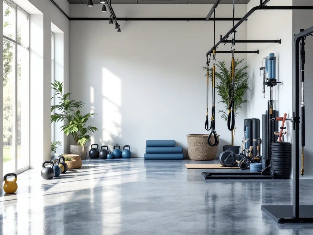 Moderne fitness studio met functionele trainingsapparatuur, kettlebells en weerstandsbanden bij grote ramen