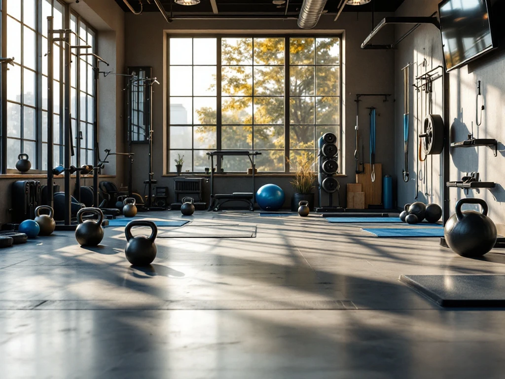 Moderne fitnessruimte met kettlebells en functionele trainingsapparatuur op gepolijste betonvloer met natuurlijk licht