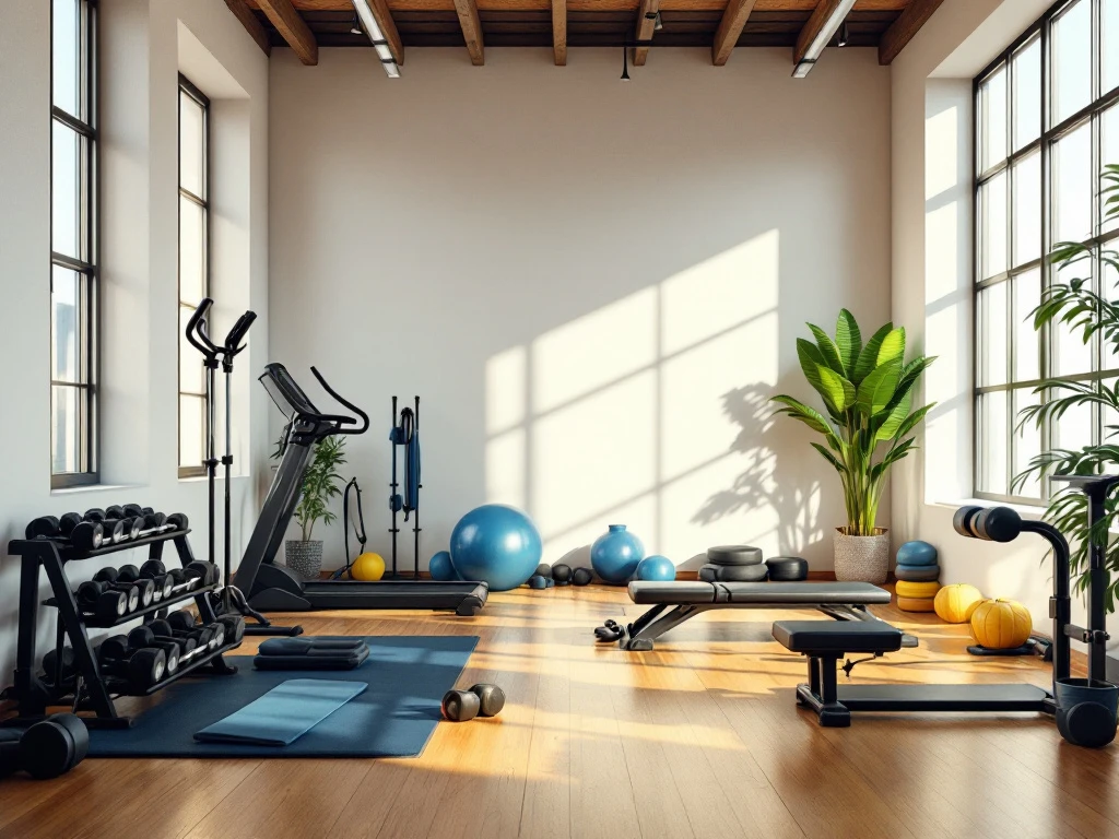 Kleine moderne fitnessruimte met halters, weerstandsbanden en yogamatten op houten vloer met natuurlijk licht