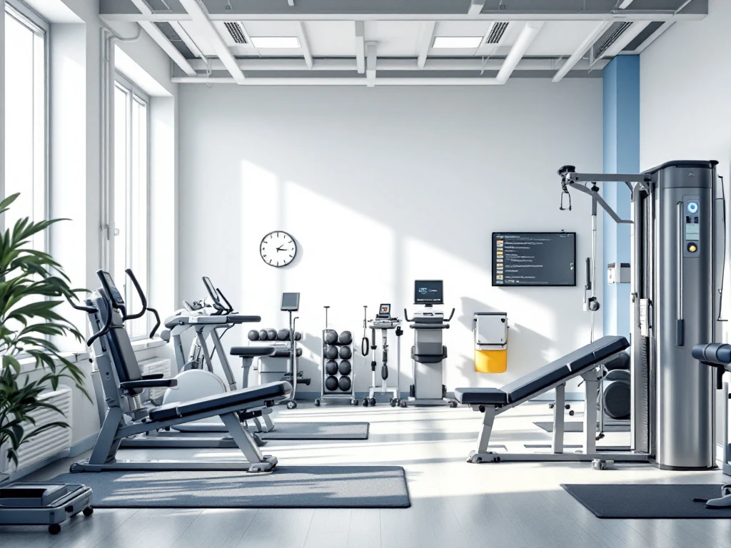 Moderne fysiotherapie gym met professionele fitnessapparatuur, revalidatie-uitrusting en natuurlijk licht