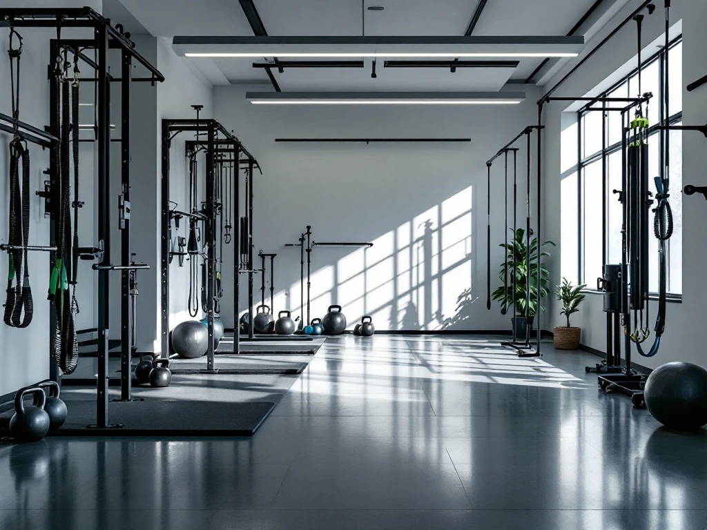 Moderne compacte sportschool met professionele fitnessapparatuur, kettlebells en weerstandsbanden in minimalistische ruimte