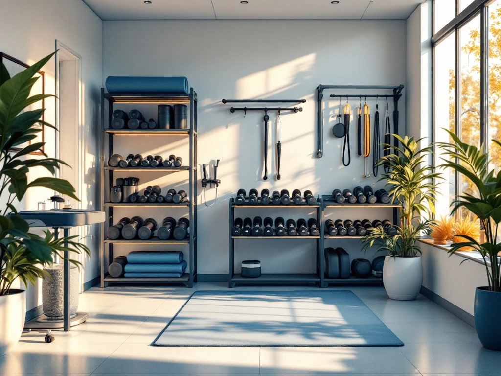 Kleine fitnessruimte met moderne apparatuur, halters en yogamatten in blauw-wit interieur met natuurlijk licht