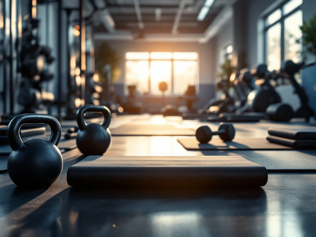 Moderne fitnessruimte met professionele trainingsapparatuur, kettlebells en halters op rubberen vloer met natuurlijk licht