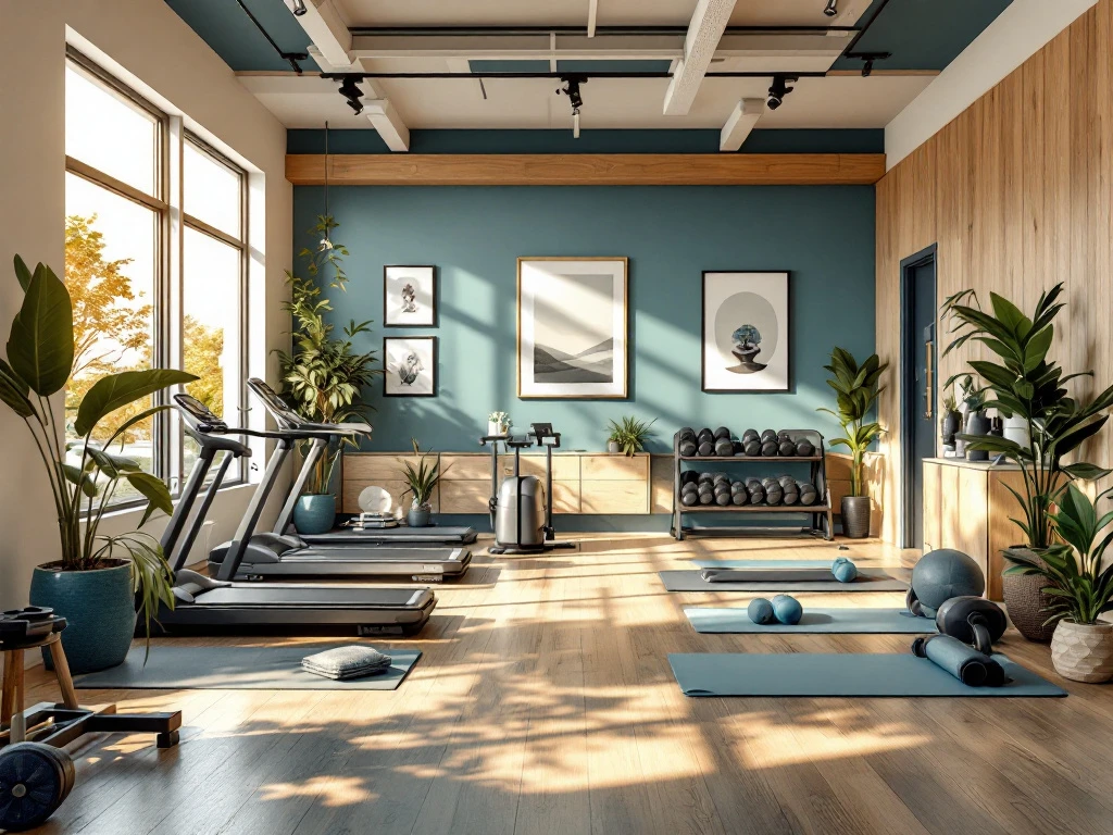 Kleine moderne sportschool met fitnessapparatuur, gewichten en yogamatten in natuurlijk licht met blauwe accenten