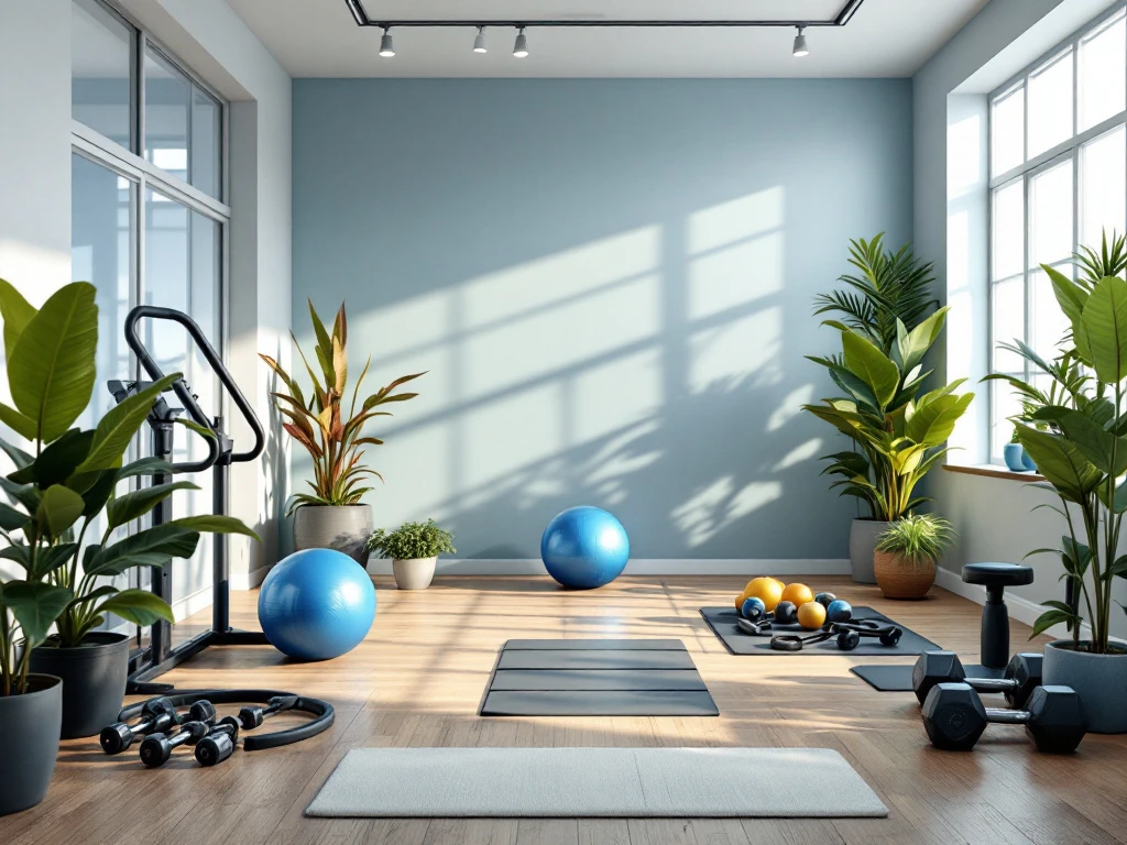 Moderne compacte fitnessruimte met halters, weerstandsbanden en oefenballen op houten vloer met natuurlijk licht