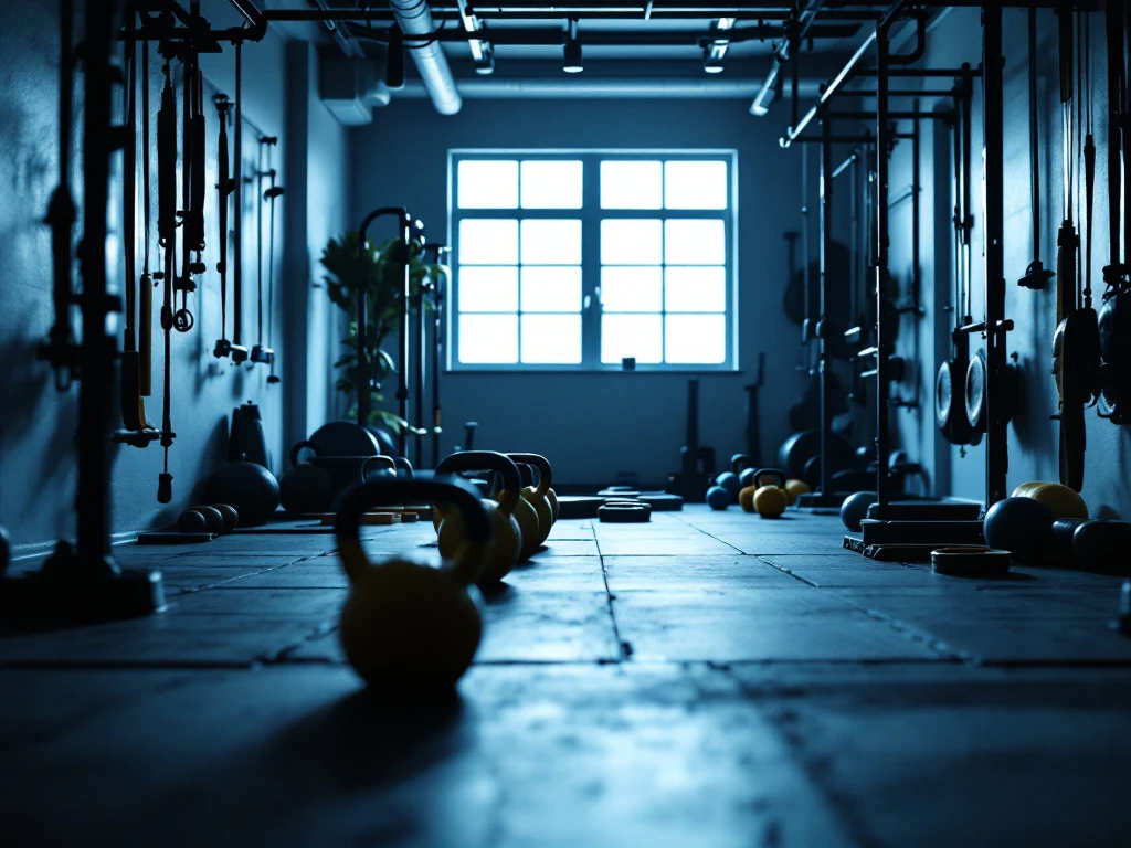 Moderne fitness gym met kettlebells en trainingsapparatuur in blauw-wit interieur met dramatische belichting