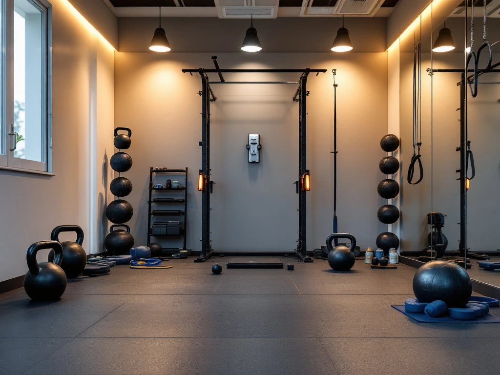 Professionele fitness studio met kettlebells, weerstandsbanden en functionele trainingsapparatuur voor krachttraining