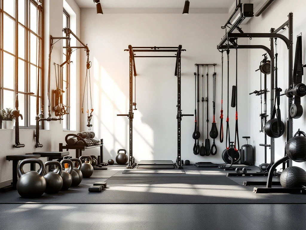 Moderne compacte fitnessruimte met professionele trainingsapparatuur, kettlebells en weerstandsbanden bij natuurlijk licht