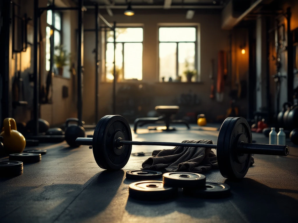 Kleine sportschool interieur met halter op bank, kettlebells, weerstandsbanden en dramatische belichting door ramen