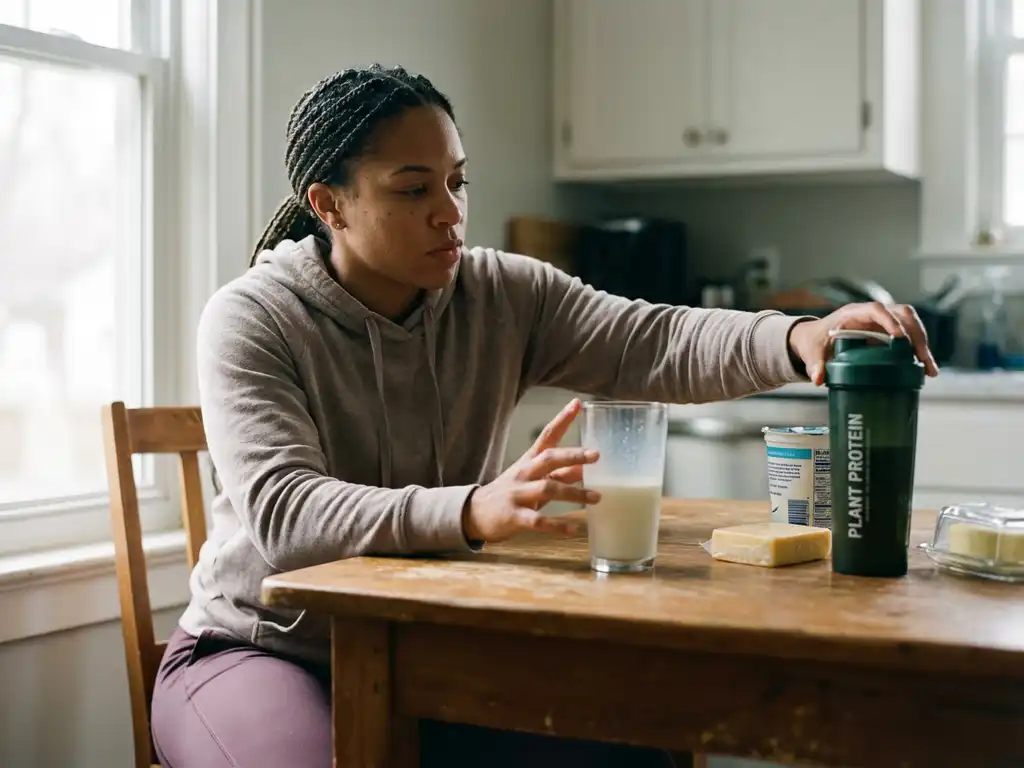 Atleet aan keukentafel duwt melkglas weg en pakt plantaardige proteïneshake, zuivelproducten op tafel