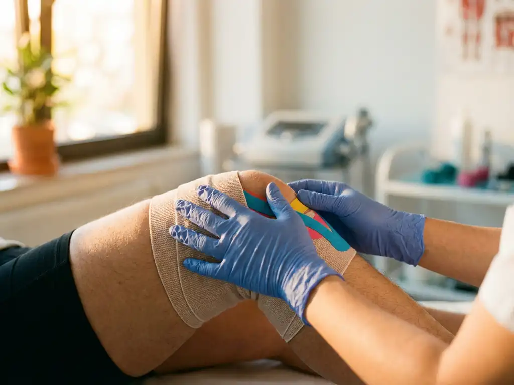 Knie met professionele medische zwachtel, therapeutische tape wordt zorgvuldig aangebracht in klinische omgeving