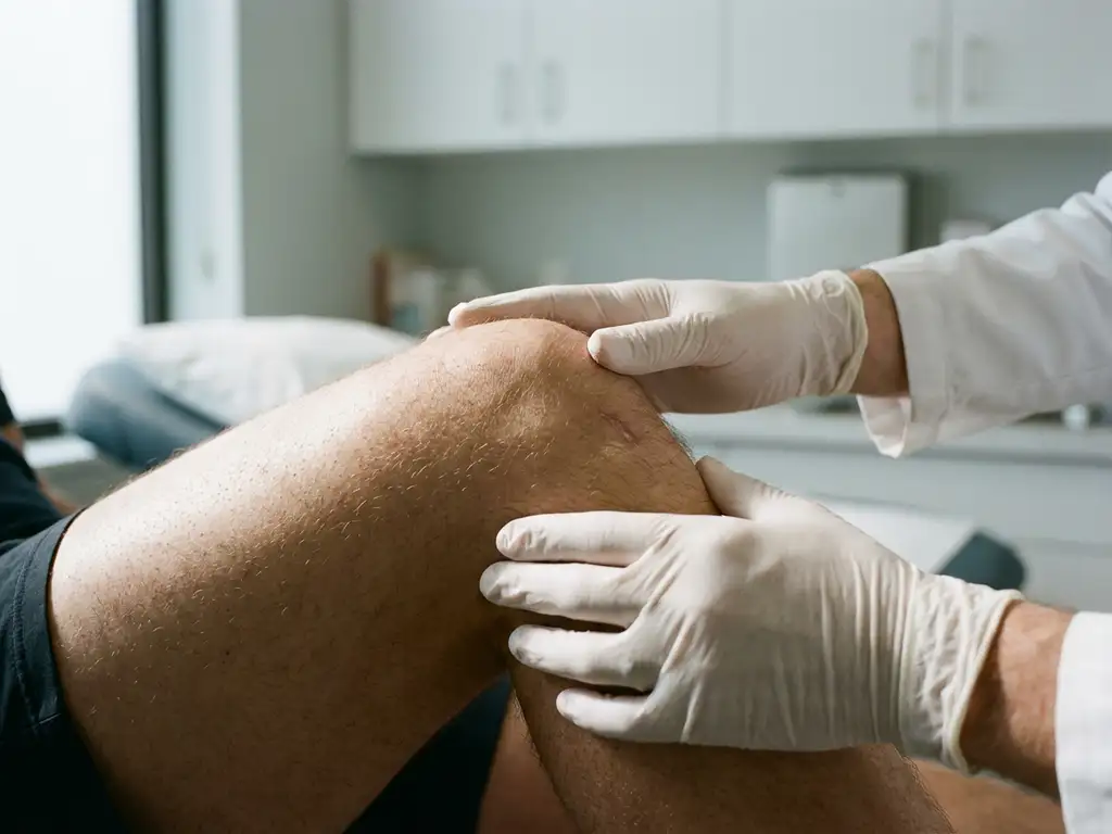 Knie-onderzoek door medisch professional in heldere kliniekruimte met natuurlijk licht