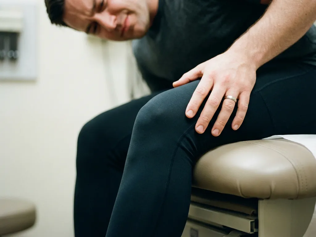 Persoon raakt gezwollen knie aan tijdens medisch onderzoek, zittend op onderzoekstafel in zorgverlening