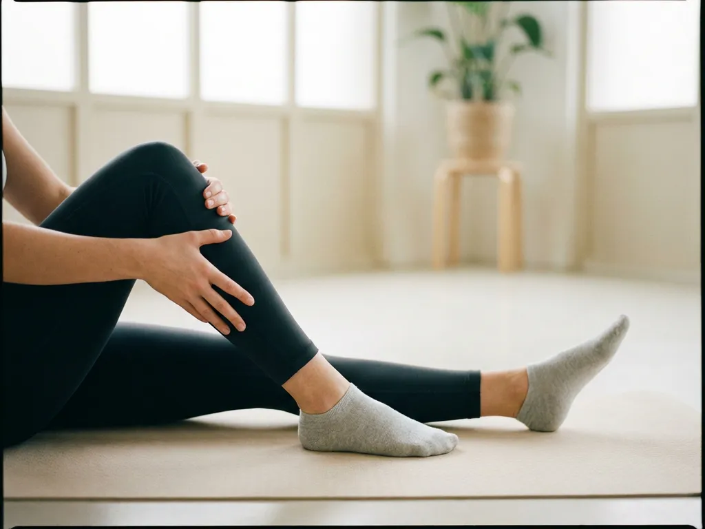 Persoon in sportkleding doet knierevalidatie-oefening op yogamat in moderne fysiotherapieruimte met natuurlijk licht