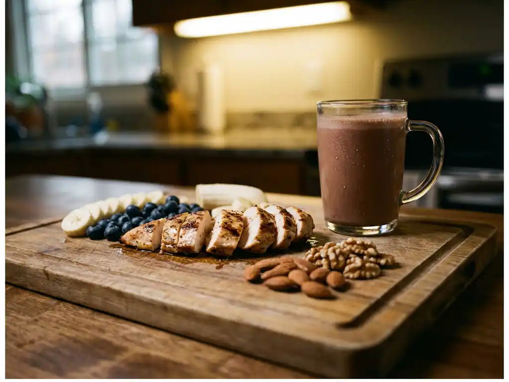 Houten snijplank met sportvoeding: gegrilde kip, blauwe bessen, banaan, noten en chocolade eiwitshake