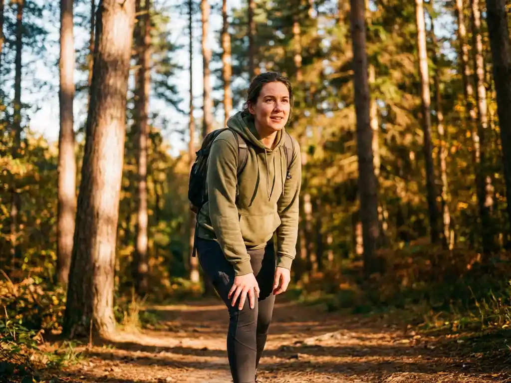 Persoon in sportkleding loopt op bospad met hand ondersteunend op knie, omringd door hoge bomen in gouden licht