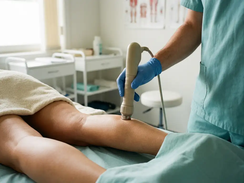 Fysiotherapeut die shockwave therapie toepast op de kuitspier van een patiënt in een klinische behandelkamer.